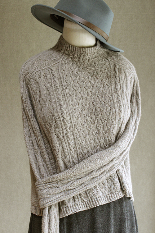 Sunday Knits, Wickerwood, cashmere, pullover, knitting pattern, saddle shoulder, funnel neck, cable decreases